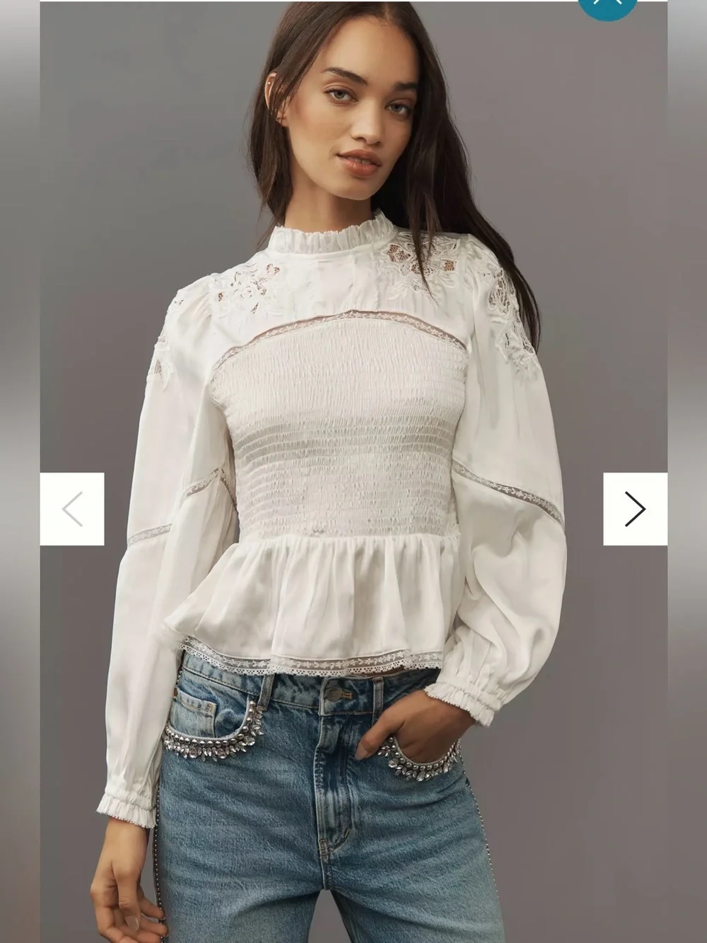 Anthropologie Long-Sleeve Smocked Blouse in White Size Medium